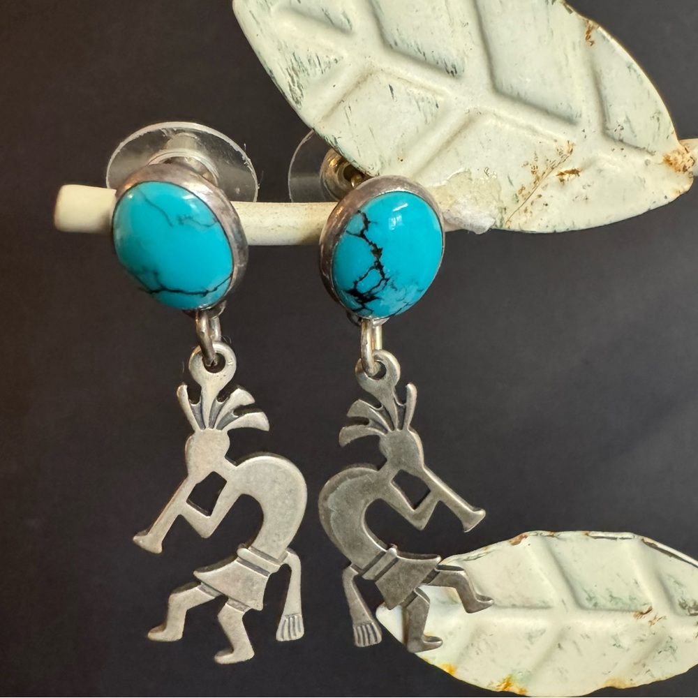 Vtg Sunwest Silver 925 Kokopelli earrings genuine turquoise stones